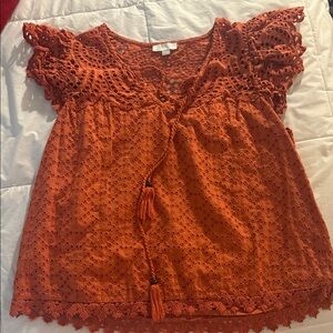 Eyelet Tassel Peasant Tunic in Rust Orange